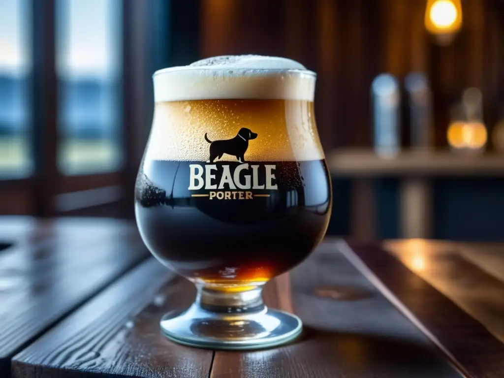 Cerveza Porter Beagle: Vaso helado con cerveza oscura, espuma cremosa y detalles elegantes