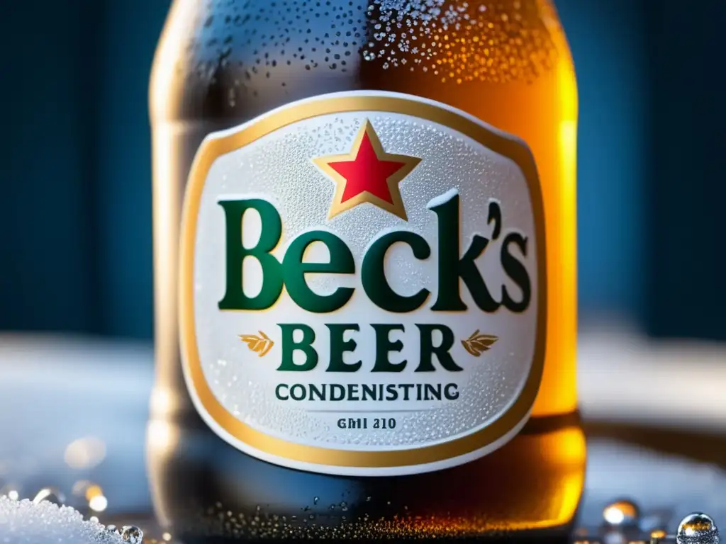 Botella de cerveza Beck's con escarcha, condensación y detalle del logo