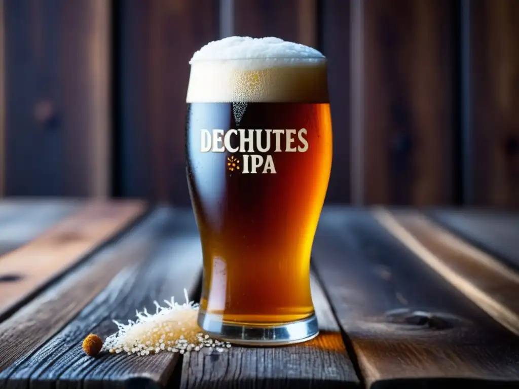 Copa de cerveza Deschutes Jubelale Winter IPA, congelada, en superficie de madera, rodeada de lúpulos y malta triturada