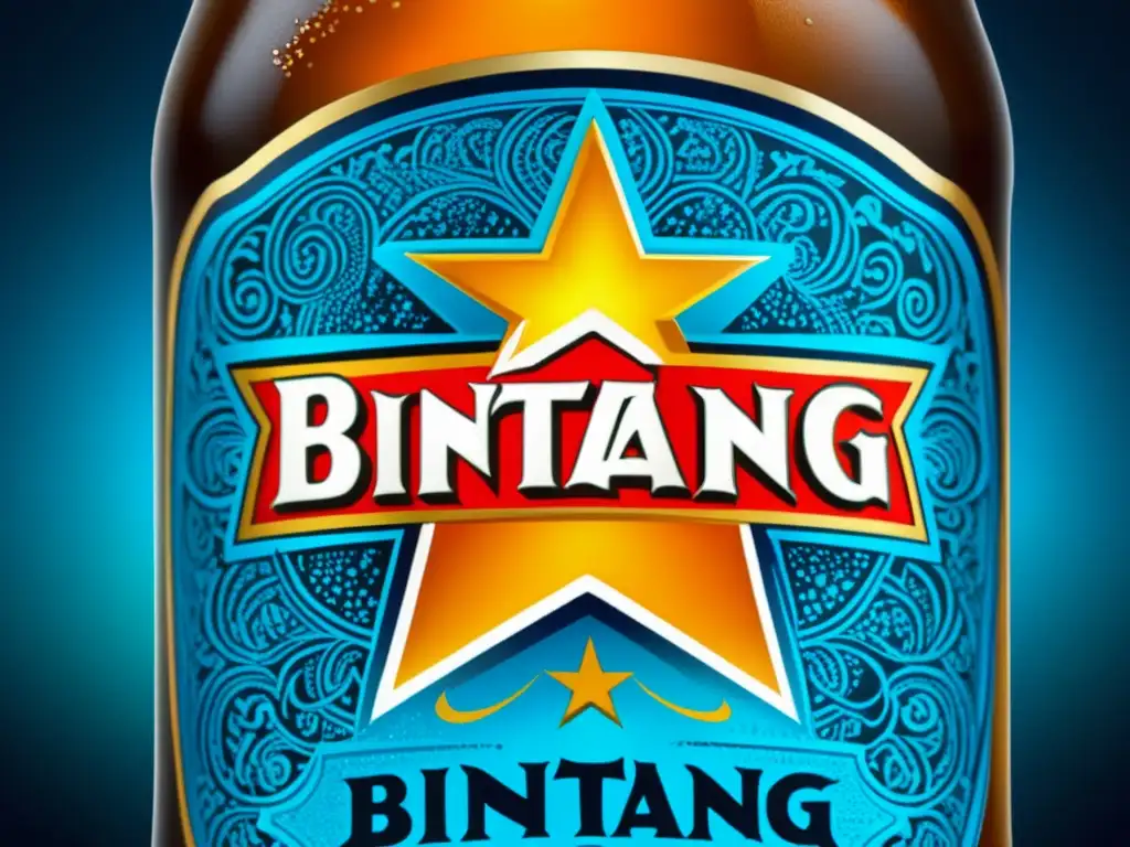 Botella de cerveza Bintang, detalle en condensación, etiqueta icónica y elegancia en un entorno tropical