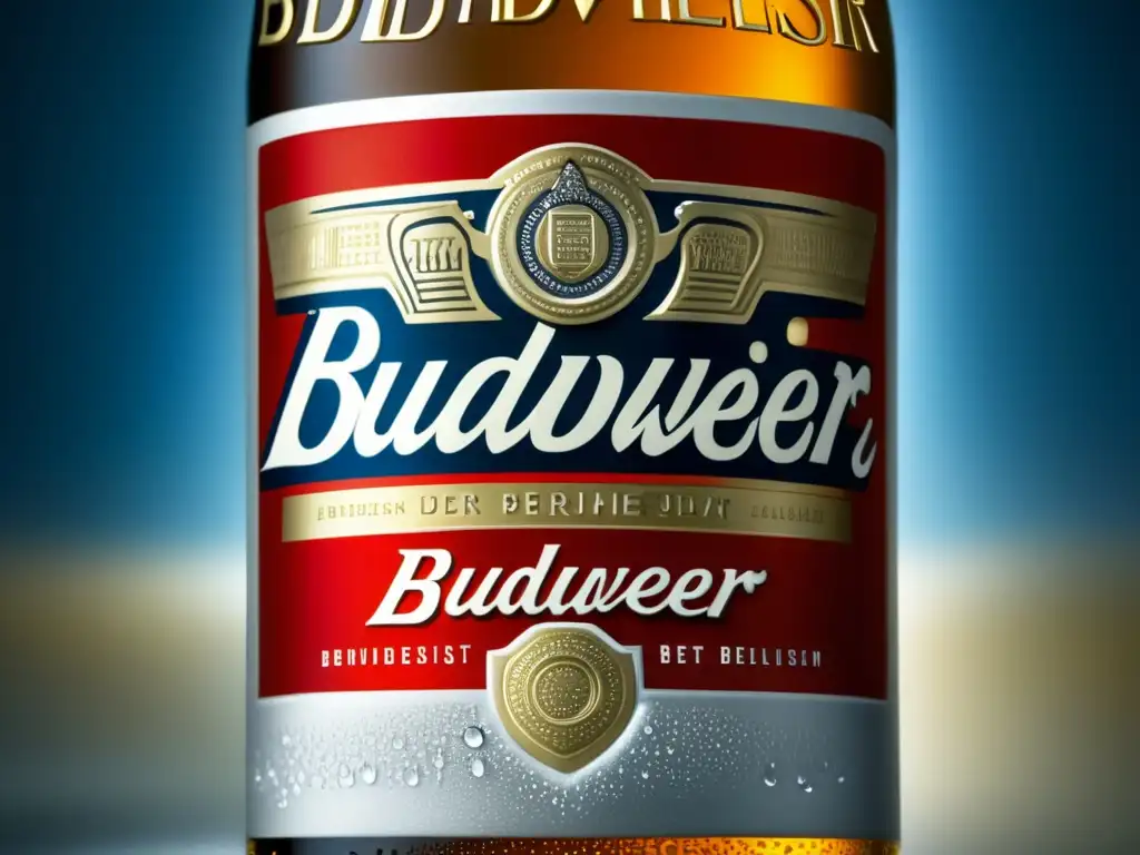 Imagen detallada de una botella de cerveza Budweiser congelada, mostrando condensación y elegancia