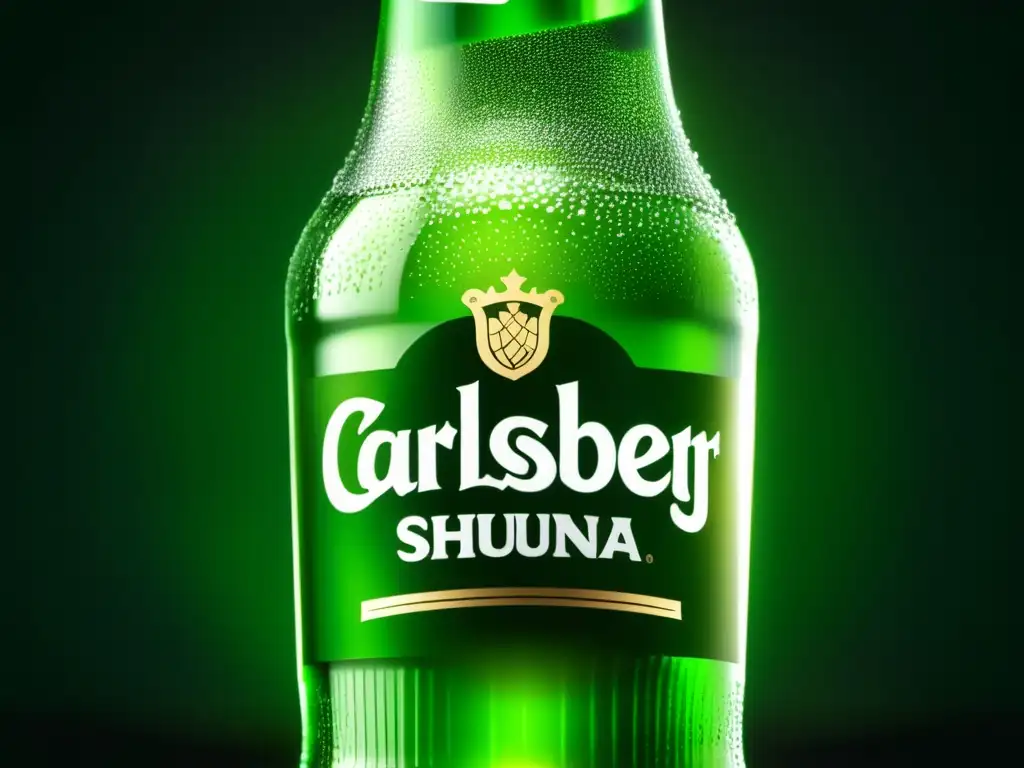 Botella de cerveza Carlsberg helada con detalles y reflejos cautivadores