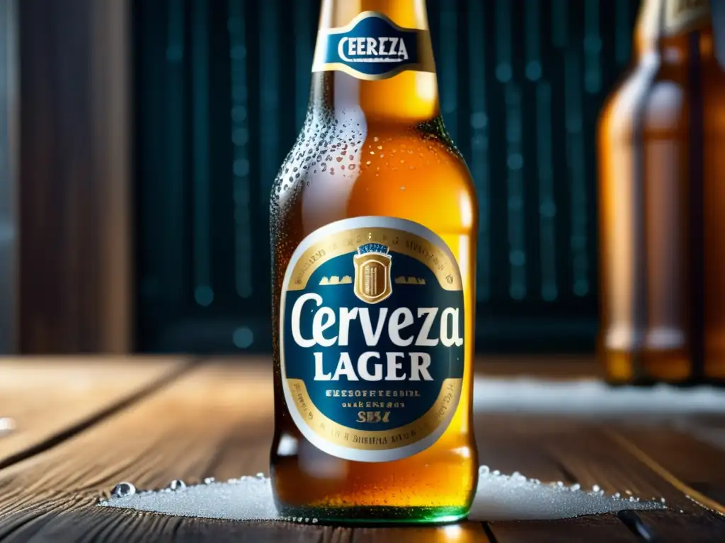 Cerveza Lager en mesa de madera: Temperatura perfecta, detalle frost, condensación y burbujas