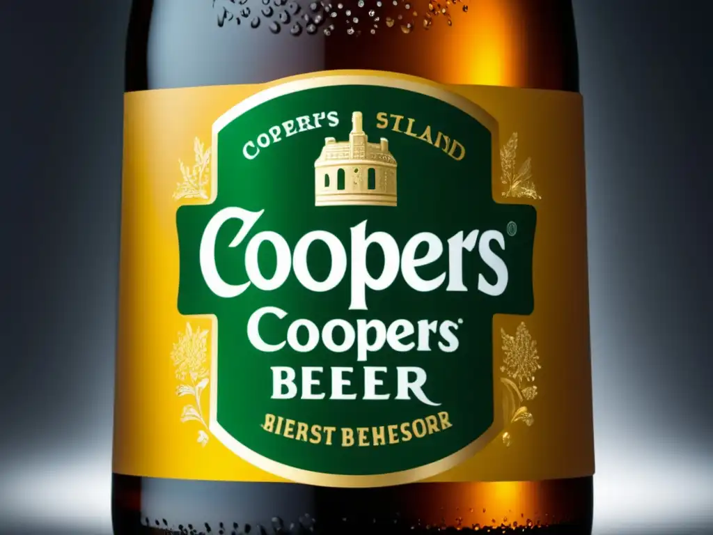 Detalle de botella de cerveza Coopers: condensación, logo, colores y autenticidad