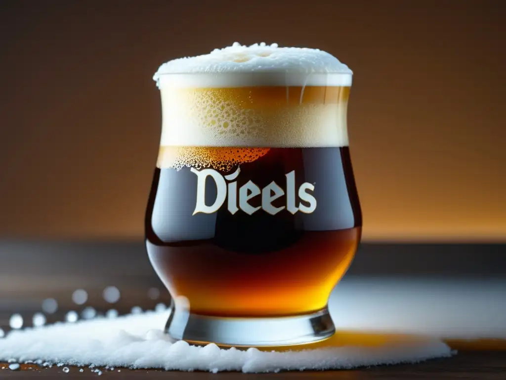 Una imagen detallada en 8k muestra una copa helada llena de Diebels Alt, una Altbier rica y ambarina