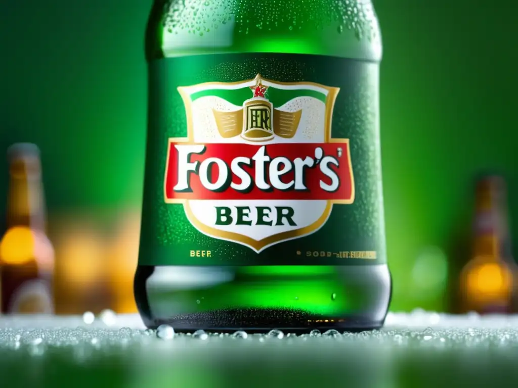 Botella helada de Foster's, con gotas de condensación en su superficie verde y el icónico logo rojo y dorado en detalle