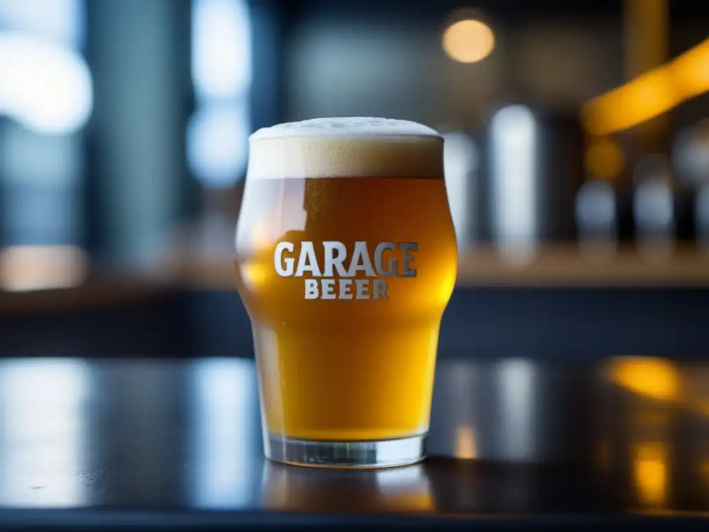 Cerveza Garage Beer Co con detalles dorados y condensación en un vaso helado