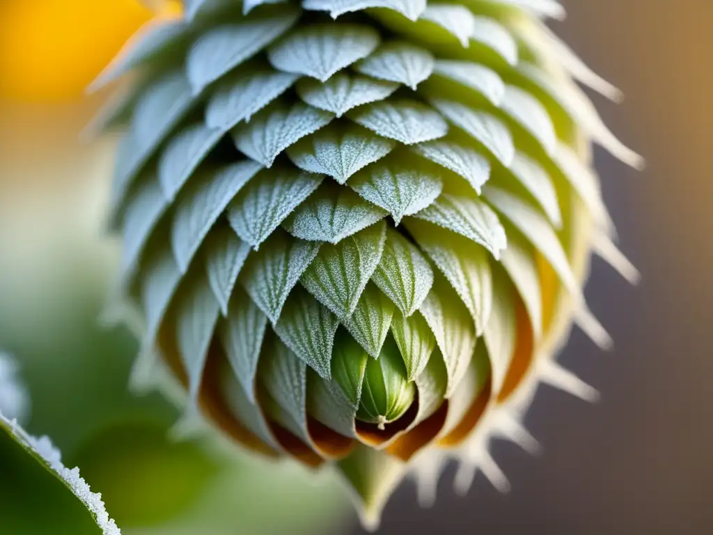 Detalle fascinante de una cono de lúpulo cubierto de escarcha, resaltando la belleza natural de la IPA Tres Cordilleras