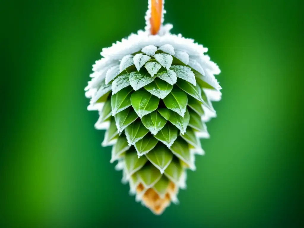 Detalle de cono de lúpulo helado, resalta contraste y patrones en 'Double IPA'