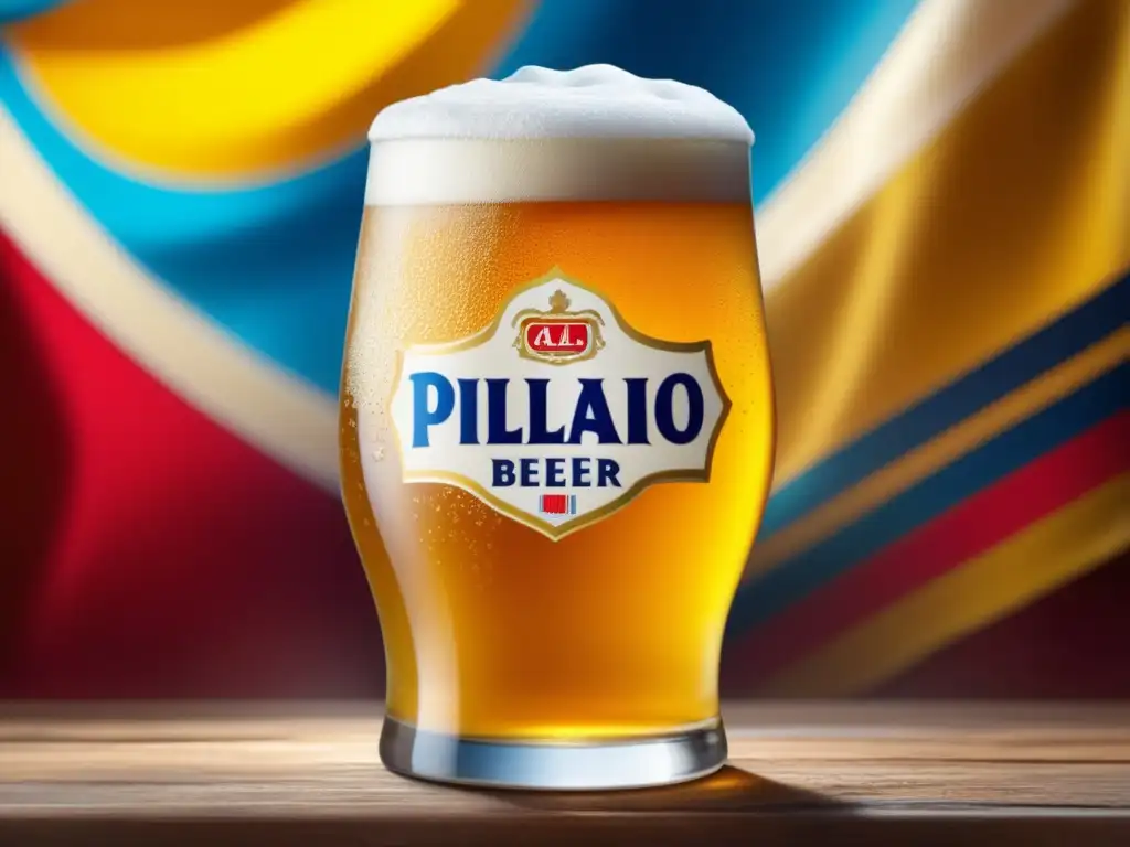 Cerveza Pilsen Callao dorada y refrescante, con condensación brillante y detalles peruanos