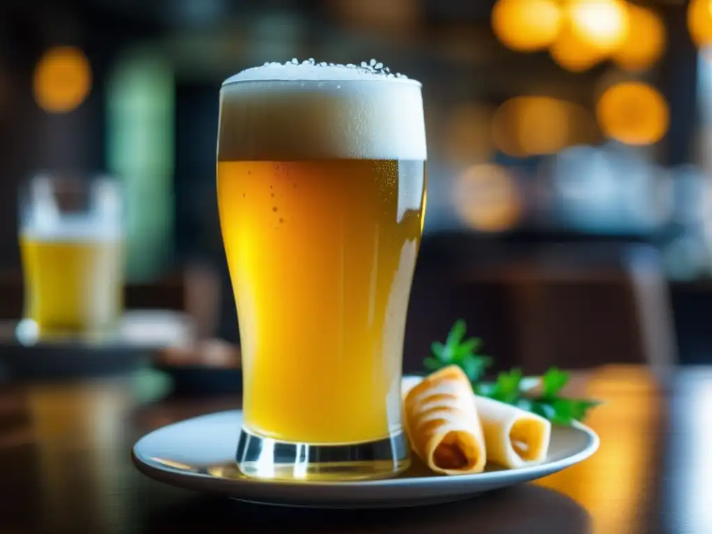 Pilsner y Comida Asiática: Copa de cerveza Pilsner helada con condensación en el vidrio y plato de comida asiática colorido y apetitoso