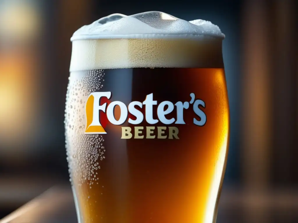 Pint of Foster's beer: detalle exquisito de una cerveza Foster's, con vidrio helado, líquido ámbar y espuma cremosa