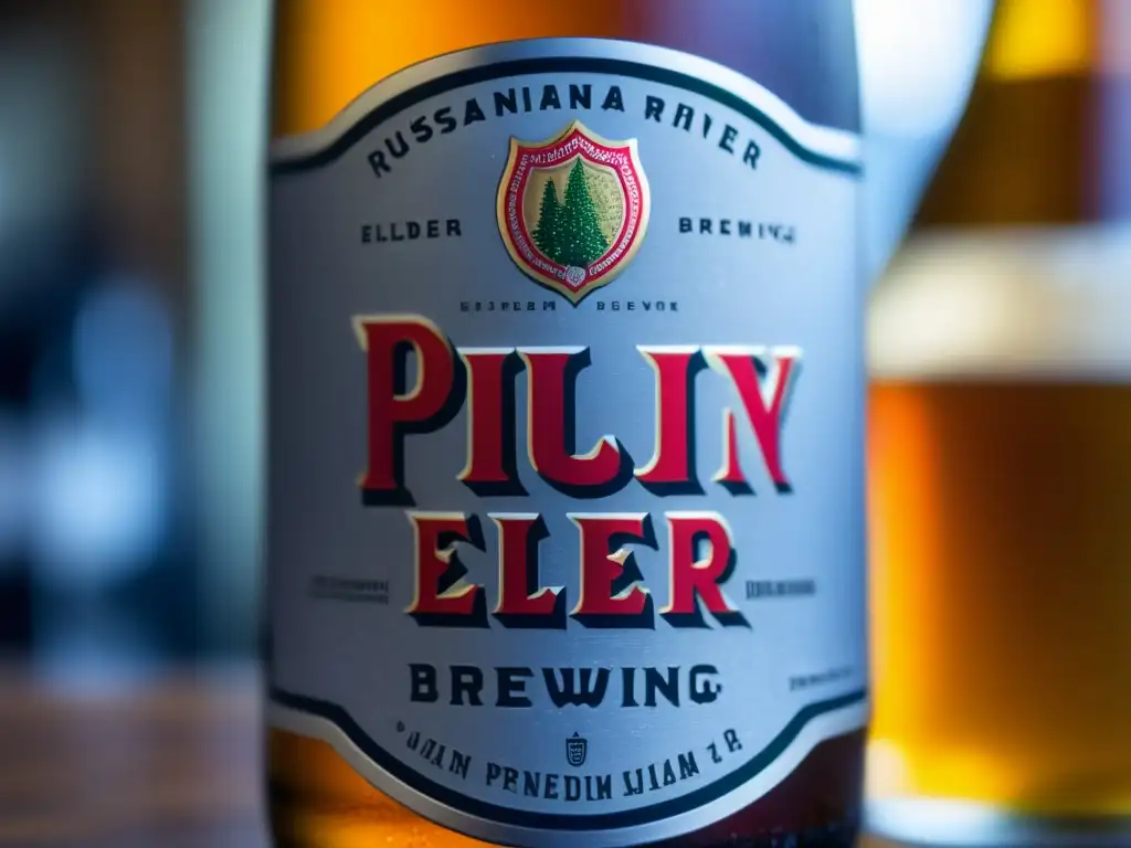 Cerveza Pliny the Elder Double IPA con condensación, detalles de la etiqueta y logo de Russian River Brewing Company