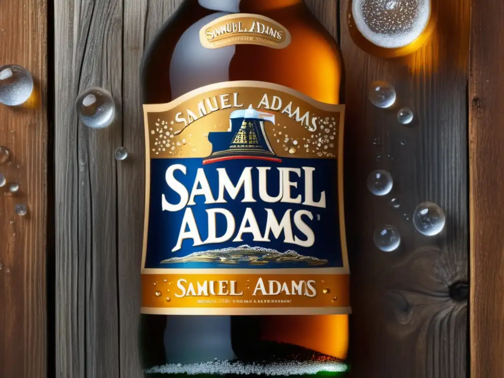 Botella de cerveza Samuel Adams congelada en una mesa de madera