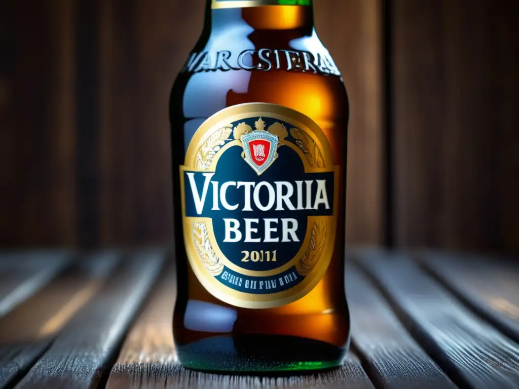 Ultradetalle de botella de cerveza Victoria: etiqueta, condensación, textura, tono dorado y elegancia