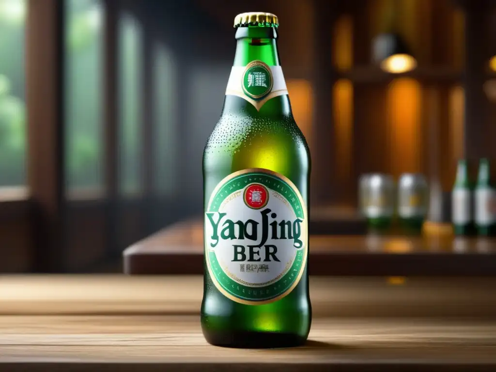 Botella de cerveza Yanjing: refrescante y elegante Botella helada de cerveza Yanjing en mesa de madera