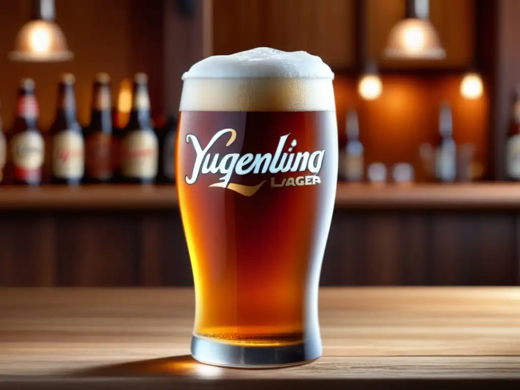 Vaso alto de cerveza Yuengling Traditional Lager, color ámbar, condensación, bar animado