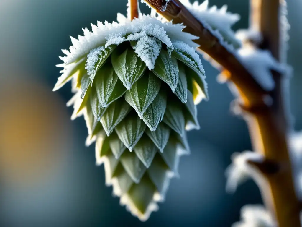 Hop cone cubierto de escarcha: belleza invernal de Deschutes Jubelale