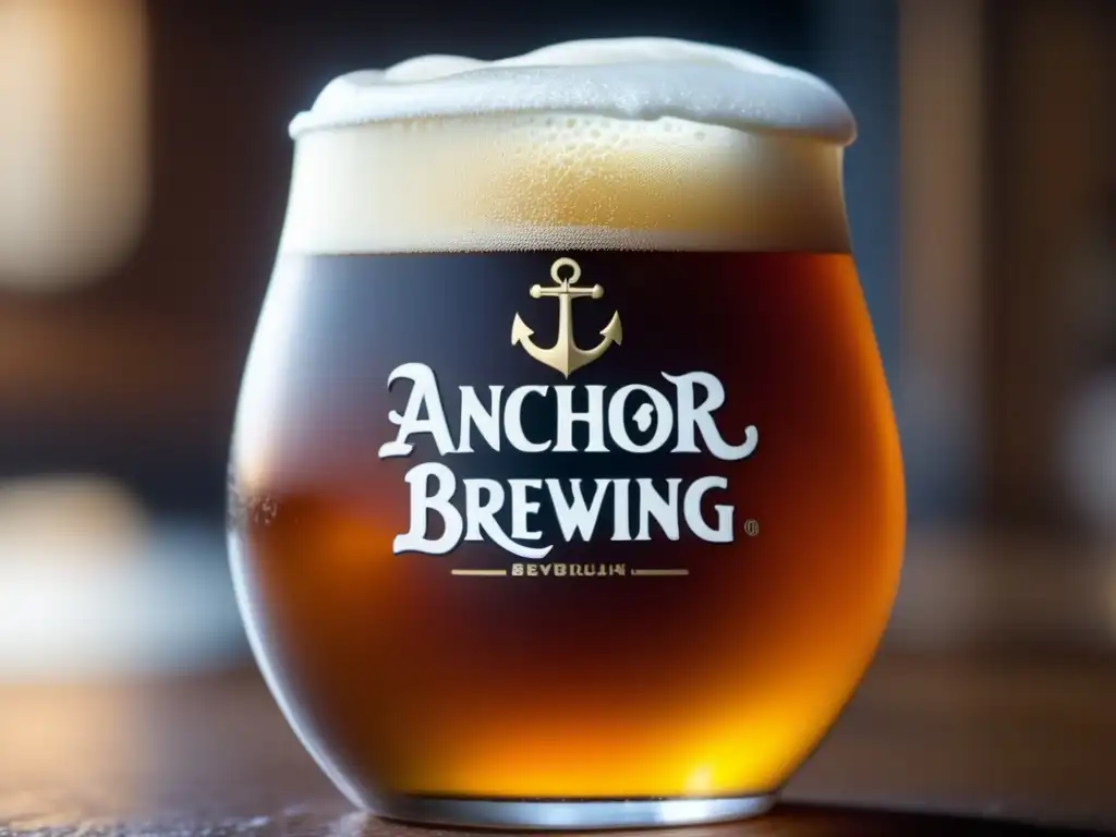 Cerveza Anchor Brewing: vidrio espumoso, color ámbar, cabeza cremosa y burbujas de carbonatación, tradición y herencia cervecera de San Francisco