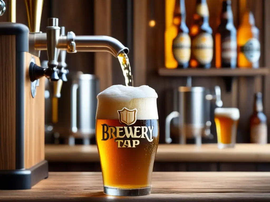 Cerveza artesanal dorada y espumosa Cerveza artesanal con burbujas doradas y logo de la cervecería - Glosario cervecero