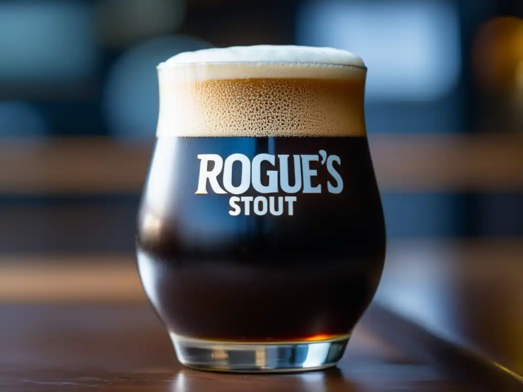 Cerveza Rogue Chocolate Stout, color marrón oscuro, espuma cremosa y condensación refrescante