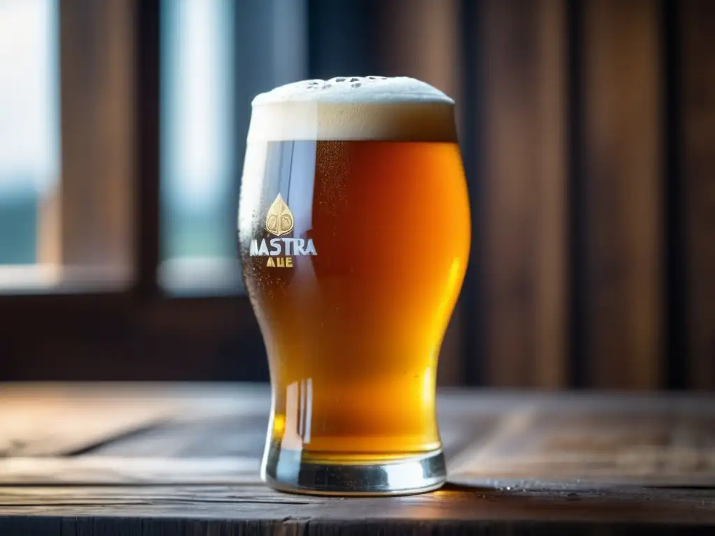 Cerveza Mastra English Pale Ale con espuma y burbujas en vaso de madera