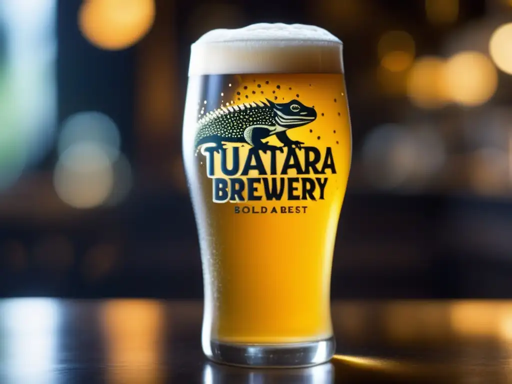 Cerveza artesanal dorada de Tuatara Brewery en un vaso cristalino, espuma perfecta, detalle en la mano