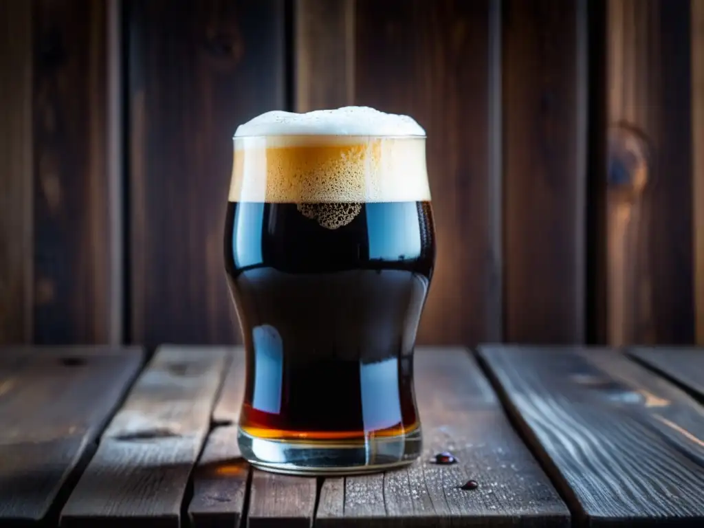 Una deliciosa cerveza Porter en un vaso, con espuma cremosa y color marrón oscuro, sobre una mesa de madera rústica