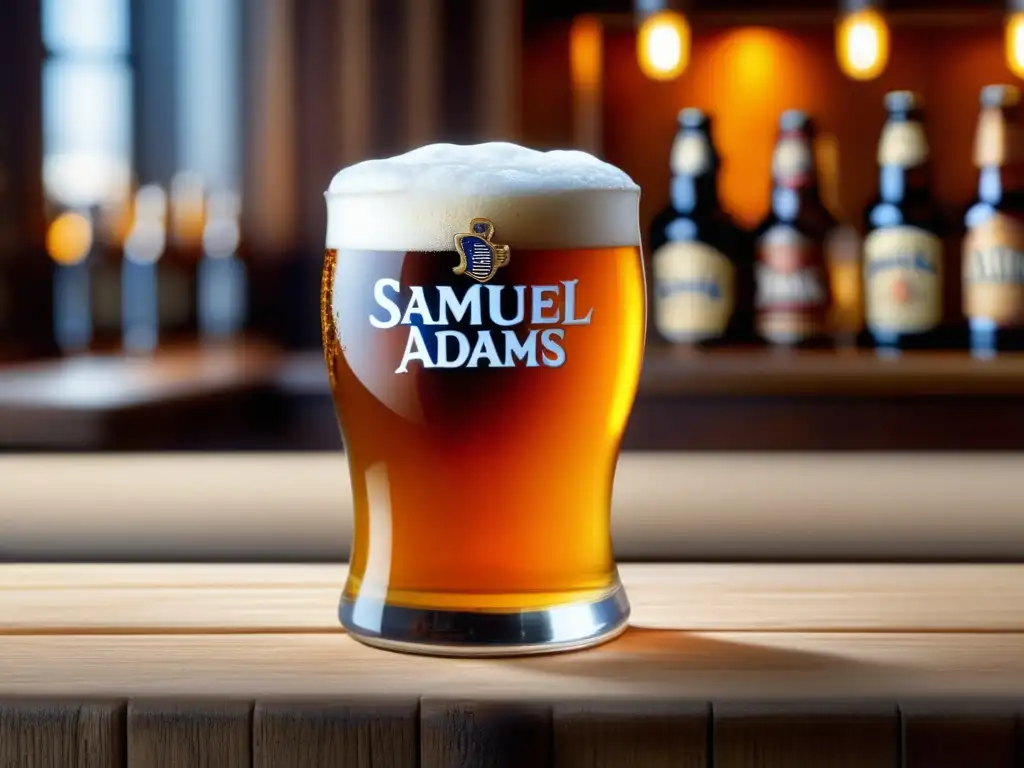 Detallada imagen de una copa de cerveza Samuel Adams en un bar de madera, con espuma cremosa y burbujas carbonatadas resaltadas por la iluminación