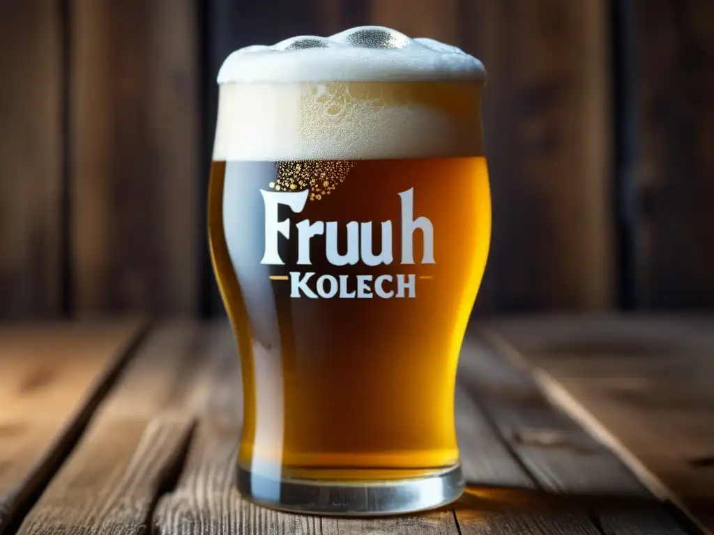 Cerveza Früh Kölsch en vaso de cristal con burbujas y detalles intrincados