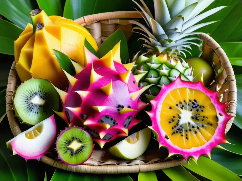 Sabor Exótico: Canasta de frutas tropicales, exquisitamente detallada, resaltando la variedad vibrante de sabores exóticos