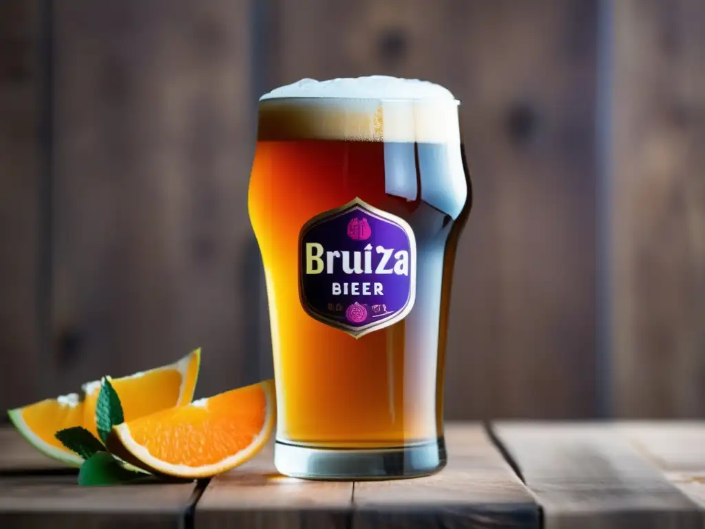 Imagen: Cervezas frutales y tartas - Vaso helado rebosante de cerveza de frutas con burbujas y frutas frescas adornando el borde