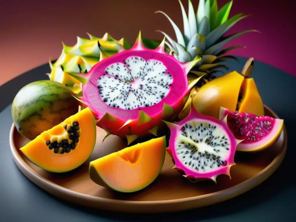 Un delicioso plato de frutas tropicales con dragon fruit, passion fruit, mango, papaya y piña