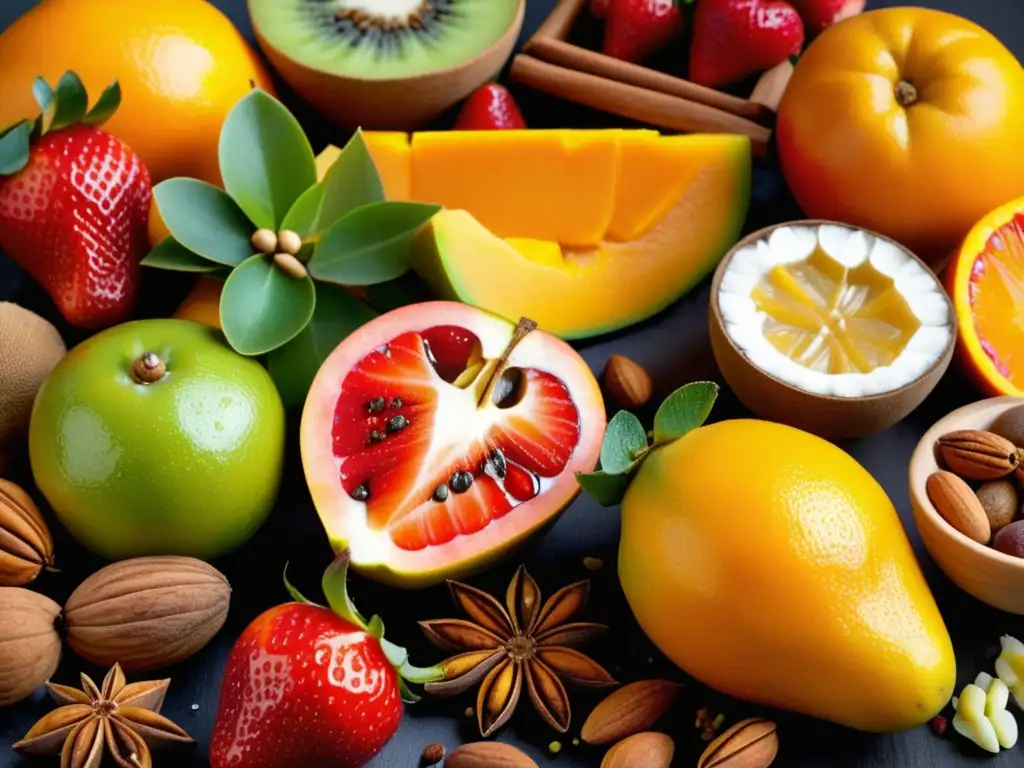 Composición artística de frutas frescas, especias y nueces, con detalle y colores vibrantes - Ingredientes adjuntos