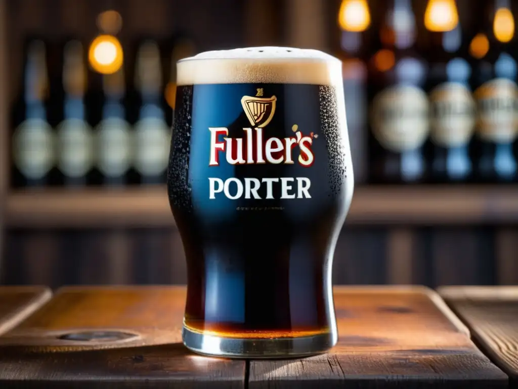 Pintura de Fuller's London Porter en vaso con espuma cremosa y color oscuro, resaltando burbujas y texturas en mesa de madera