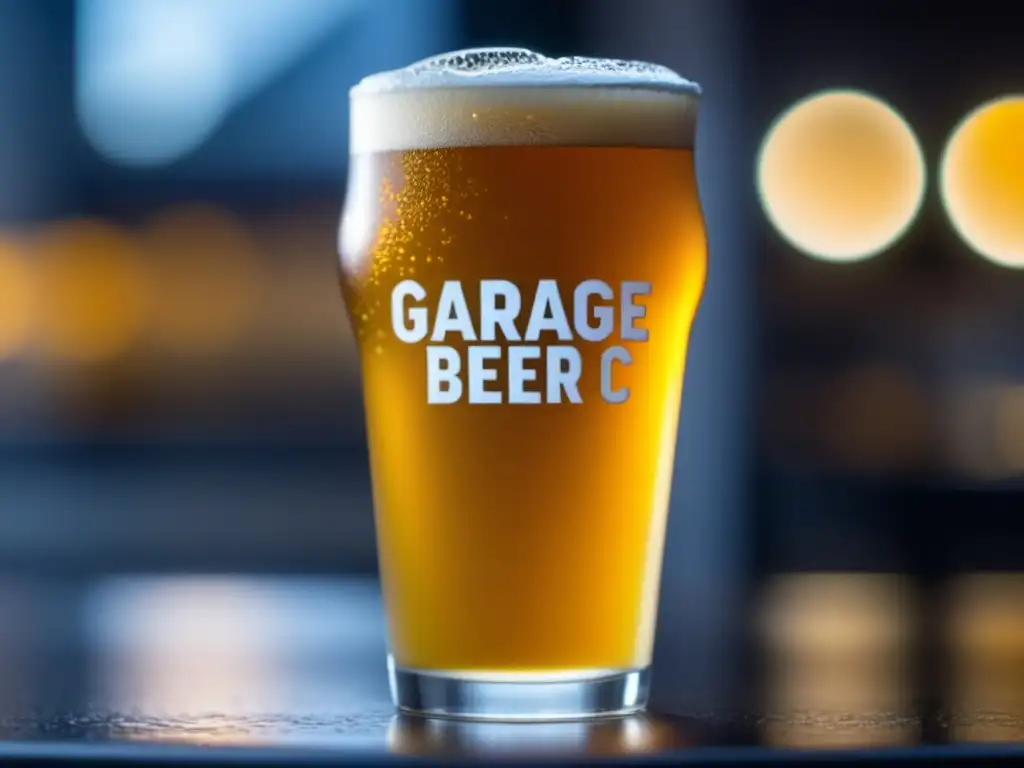 Pinta dorada de Garage Beer Co: claridad, burbujas y logo