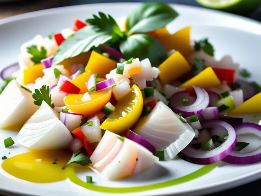 Ceviche de pescado blanco con cebolla roja, cilantro y ají amarillo peruano, servido en plato blanco brillante con limón - Wheat Beer