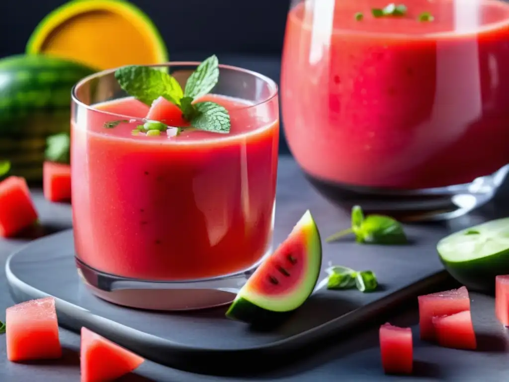 Gazpacho de sandía con menta y cubitos de agua de sandía, pepino, cebolla roja y pimientos, en un vaso frío con cerveza Sour Ale