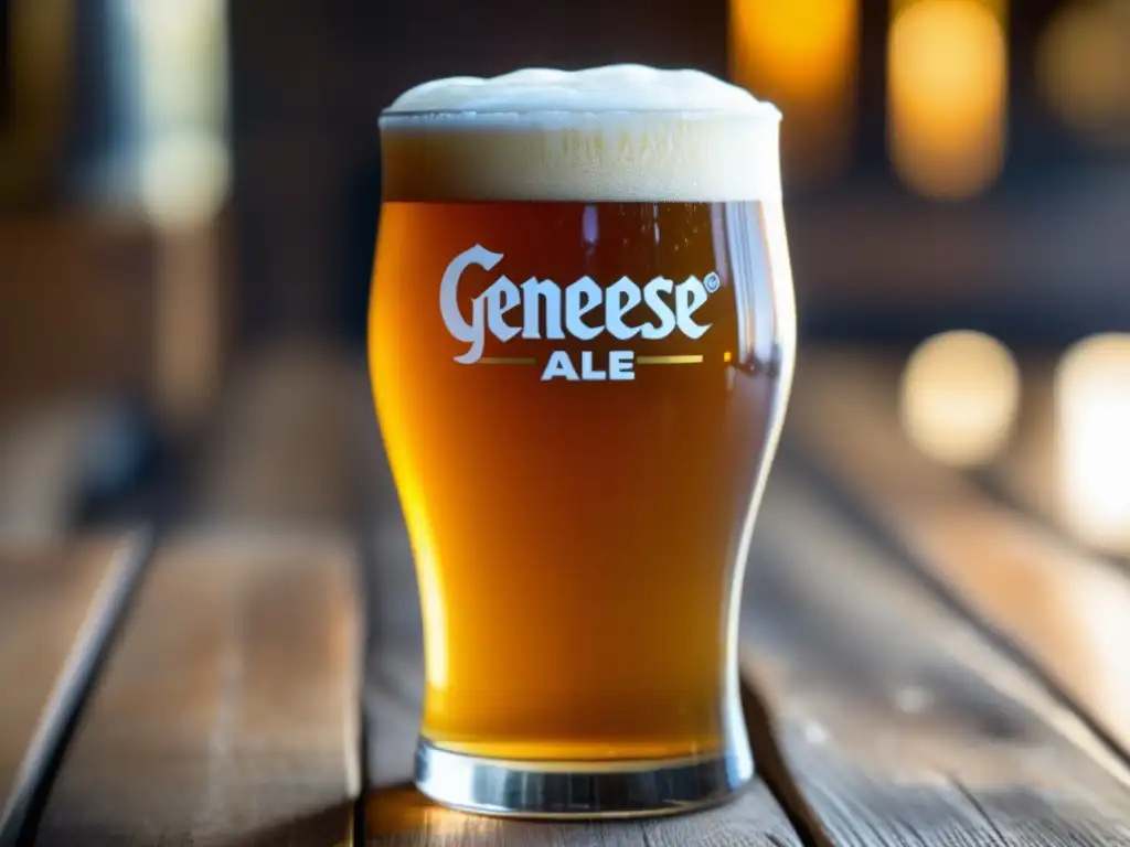 Cerveza Genesee Cream Ale en vaso alto, dorada y espumosa, en una mesa de madera rústica