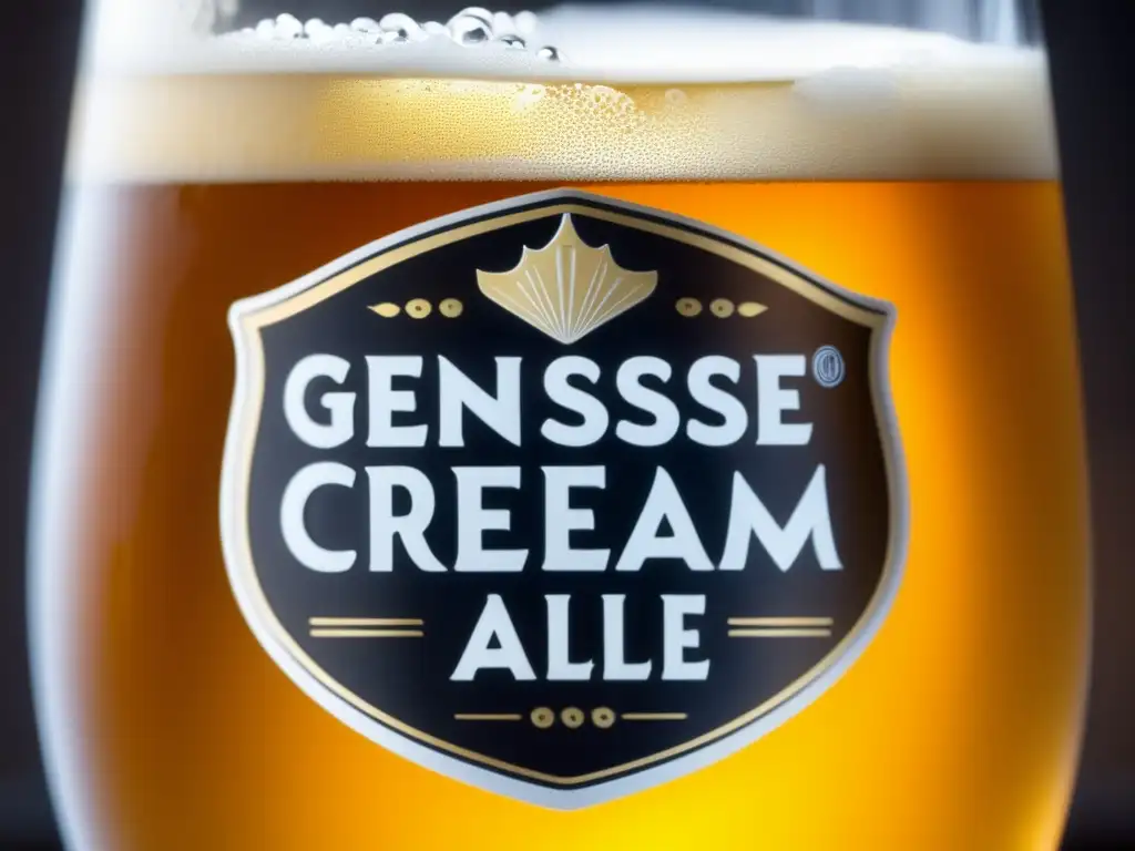 Una copa helada de Genesee Cream Ale dorada, condensada y brillante, con burbujas y espuma cremosa