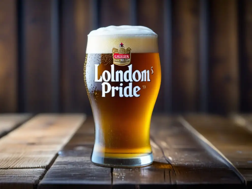 Cerveza Fuller's London Pride dorada con espuma abundante en copa de vidrio sobre mesa de madera rústica