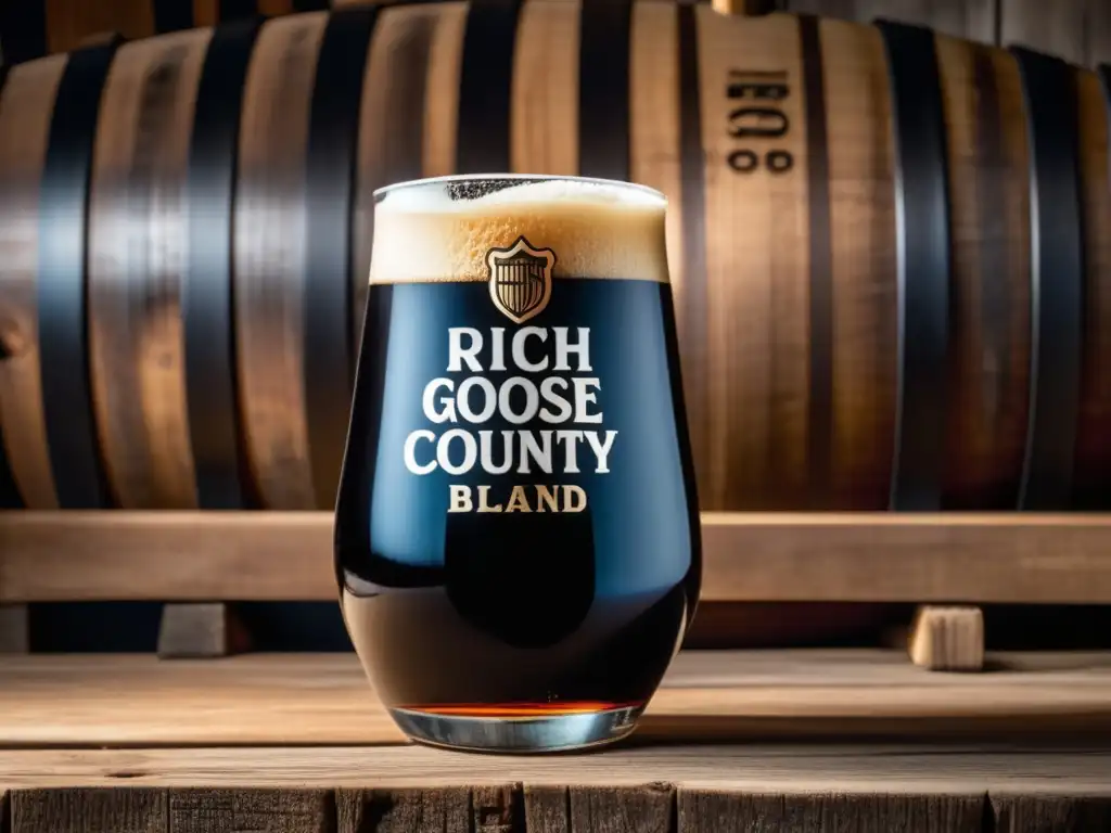 Imagen de cerveza Goose Island Bourbon County Brand Stout, con detalles de textura, burbujas y lacing en vaso de vidrio, sobre barriles de bourbon