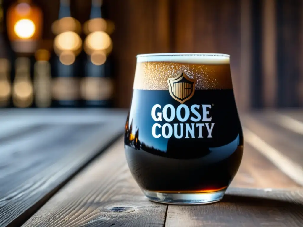 Cerveza Goose Island Bourbon County Brand Stout en vaso, textura sedosa y detalles precisos