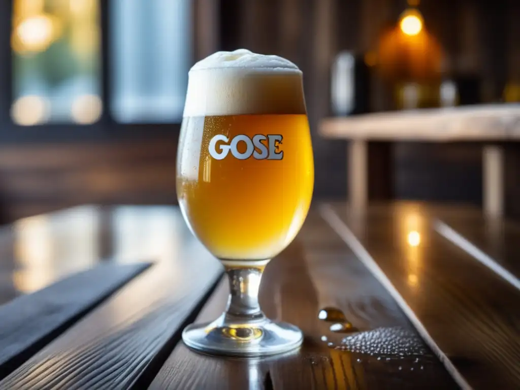 Cerveza Gose en vaso artesanal con limón y condimentos tradicionales en mesa de madera