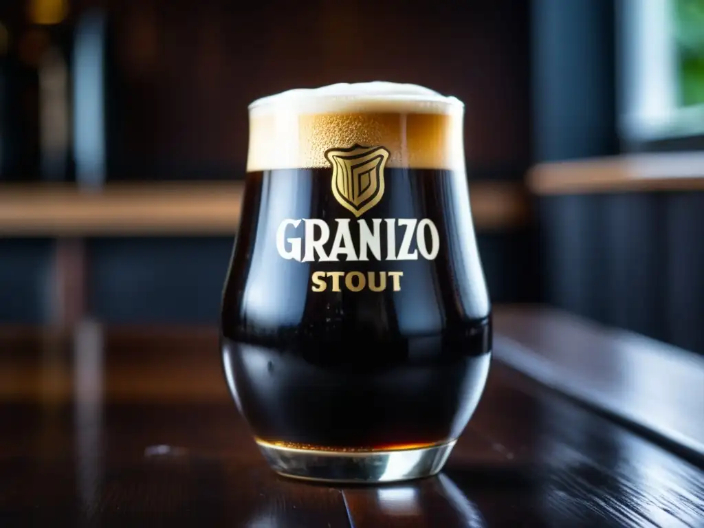 Imagen detallada de un vaso de Granizo Imperial Stout, destacando su color marrón oscuro y textura aterciopelada