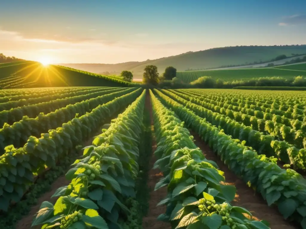 Tendencias Ecológicas: Granja de lúpulo orgánico al atardecer, con viñas vibrantes y colinas pintorescas