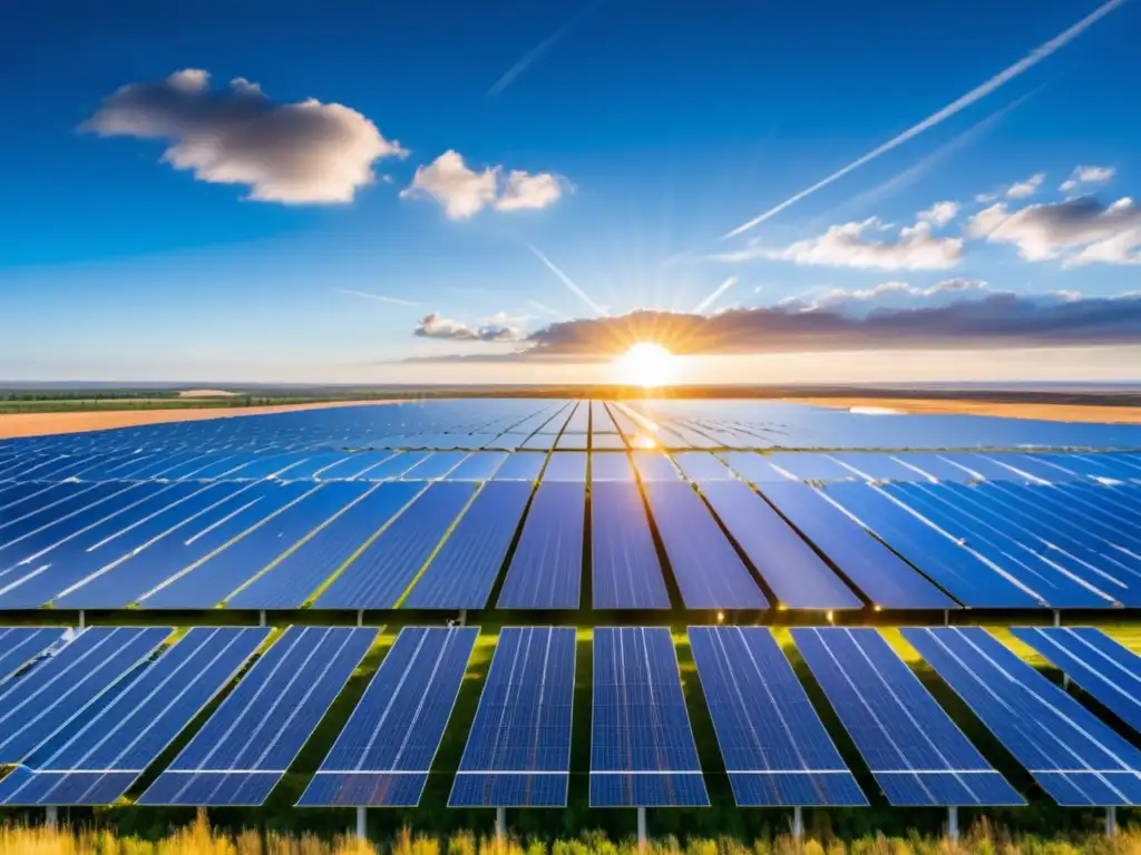 Impresionante granja solar con paneles alineados, reflejando la luz del sol