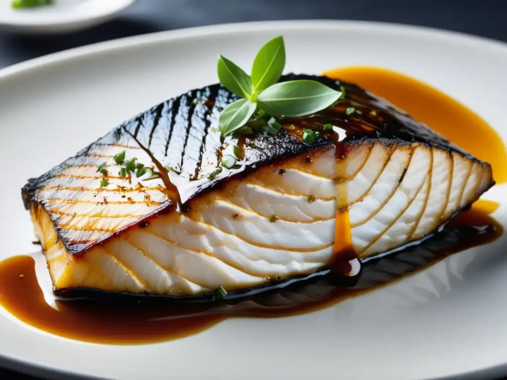 Un delicioso filete de pescado a la parrilla con salsa de bitters ingleses, dorado y jugoso, resalta sobre un fondo oscuro