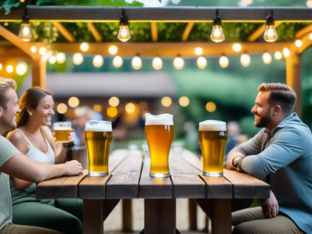 Mesa de cerveceros en un jardín rodeado de vegetación, con una pinta de cerveza en primer plano