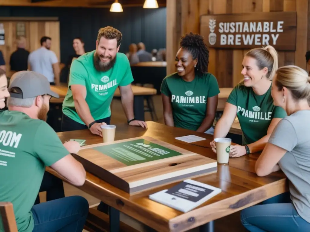 Grupo de personas en taproom de cervecería sostenible, discutiendo materiales educativos sobre prácticas de sostenibilidad en la producción de cerveza